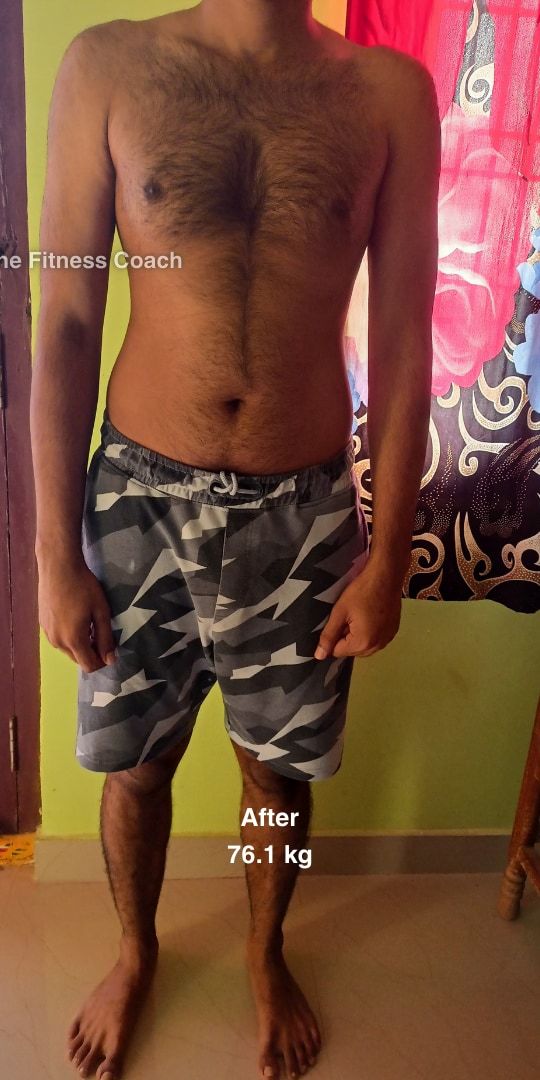 Chakradhar after, framed from the neck down: standing in camouflage shorts, visibly leaner through the waist, 76.1 kg.