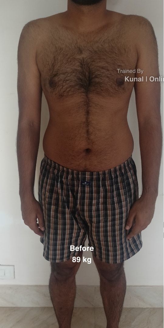 Chakradhar before, framed from the neck down: standing in checked shorts, 89 kg.