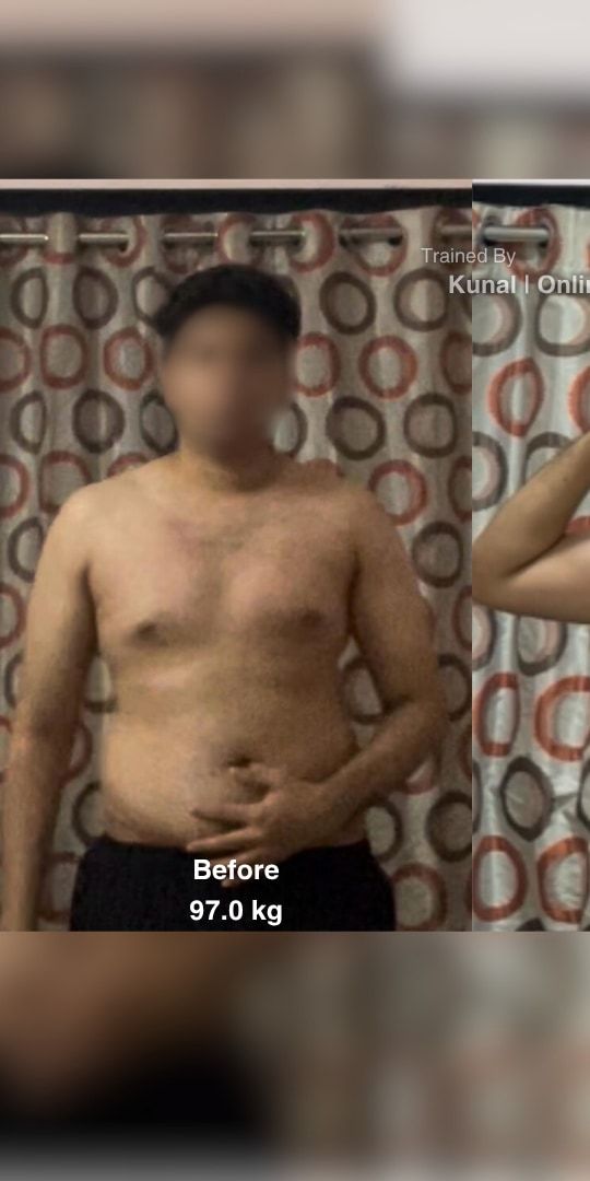 Sarvesh before: shirtless in front of a patterned curtain, face blurred, 97.0 kg.
