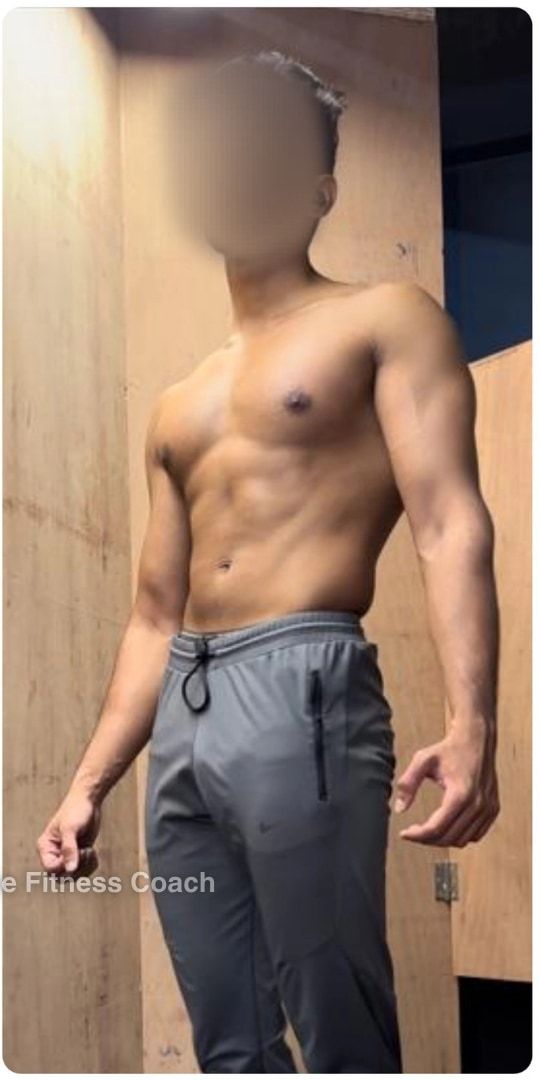 Suyash after: shirtless in grey trousers, visibly more muscular, face blurred.