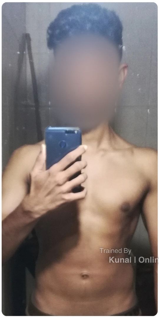 Suyash before: a shirtless mirror selfie, slim, face blurred.