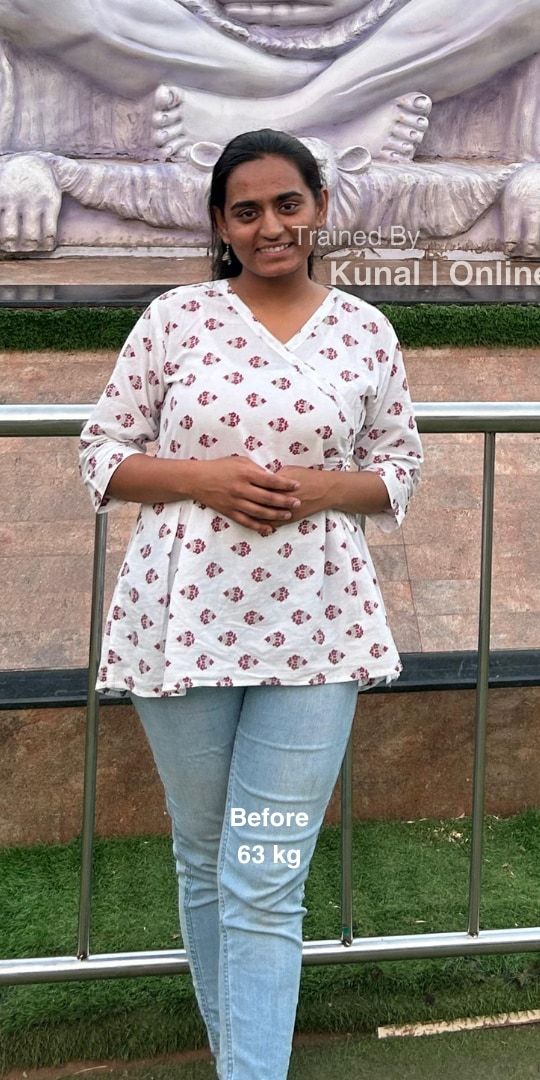 Uma before: outdoors in a white printed top and light jeans, 63 kg.